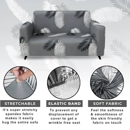 Sofa Cover for 1 2 3 4 Seater – Elastic Stretchable Grey Leaves Pattern by Story@Home - Image 3