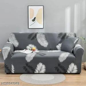 Sofa Cover for 1 2 3 4 Seater – Elastic Stretchable Grey Leaves Pattern by Story@Home