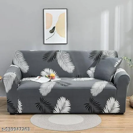 Sofa Cover for 1 2 3 4 Seater – Elastic Stretchable Grey Leaves Pattern by Story@Home